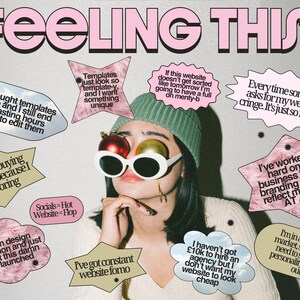 May include: A graphic featuring the text FEELING THIS? above a person wearing a green beanie and white oval sunglasses with red and gold ornaments over the eyes. Surrounding the person are various speech bubbles containing text about website design frustrations.