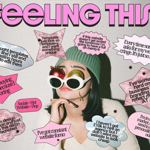 Op de afbeelding: Een afbeelding met de tekst FEELING THIS? boven een persoon met een groene muts, witte ovale zonnebril en twee kerstballen over de ogen. Rondom de persoon staan roze en blauwe tekstballonnen met teksten over zakelijke uitdagingen en frustraties.