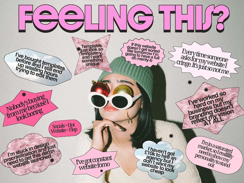 Op de afbeelding: Een afbeelding met de tekst FEELING THIS? boven een persoon met een groene muts, witte ovale zonnebril en twee kerstballen over de ogen. Rondom de persoon staan roze en blauwe tekstballonnen met teksten over zakelijke uitdagingen en frustraties.