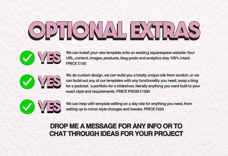 May include: A graphic with the heading OPTIONAL EXTRAS in pink letters. Three green checkmarks precede the word YES in pink. Text describes website template installation, custom design services, and template editing. Ends with a call to message.