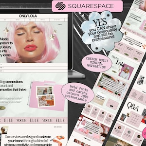 Op de afbeelding: Een Squarespace website template ontwerp genaamd Only Lola met een roze kleurenpalet, dikke typografie en secties voor social media management diensten. De lay-out bevat een heldenafbeelding van een persoon met roze haar en diverse teksten.
