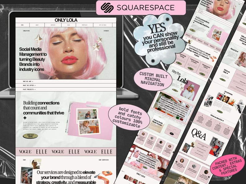Op de afbeelding: Een Squarespace website template ontwerp genaamd Only Lola met een roze kleurenpalet, dikke typografie en secties voor social media management diensten. De lay-out bevat een heldenafbeelding van een persoon met roze haar en diverse teksten.