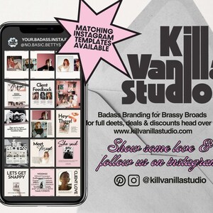 Op de afbeelding: Een smartphone toont een raster van Instagram-sjablonen met de tekst MATCHING INSTAGRAM TEMPLATES AVAILABLE. De afbeelding bevat de tekst KILL VANILLA STUDIO, Badass Branding for Brassy Broads en de website www.killvanillastudio.com.