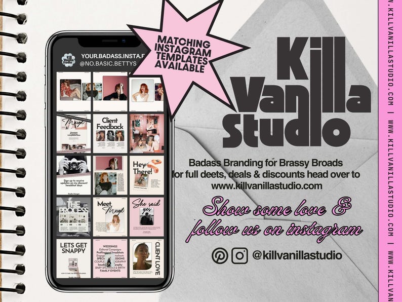 Op de afbeelding: Een smartphone toont een raster van Instagram-sjablonen met de tekst MATCHING INSTAGRAM TEMPLATES AVAILABLE. De afbeelding bevat de tekst KILL VANILLA STUDIO, Badass Branding for Brassy Broads en de website www.killvanillastudio.com.
