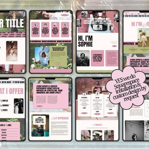 May include: Eight digital tablet screens displaying a website template for a photography business. The layout features a pink, white, and olive green color scheme with text headers like YOUR TITLE, HI I'M SOPHIE, and WHAT I OFFER, alongside photo placeholders.