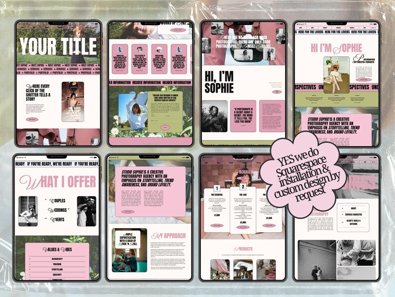 May include: Eight digital tablet screens displaying a website template for a photography business. The layout features a pink, white, and olive green color scheme with text headers like YOUR TITLE, HI I'M SOPHIE, and WHAT I OFFER, alongside photo placeholders.
