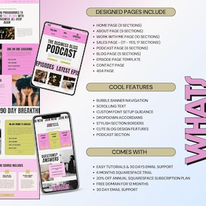 May include: A digital website design template featuring a pink and yellow colour scheme. The layout includes mobile previews, a list of included pages like home, about, and podcast, plus features such as bubble navigation and custom font guidance.