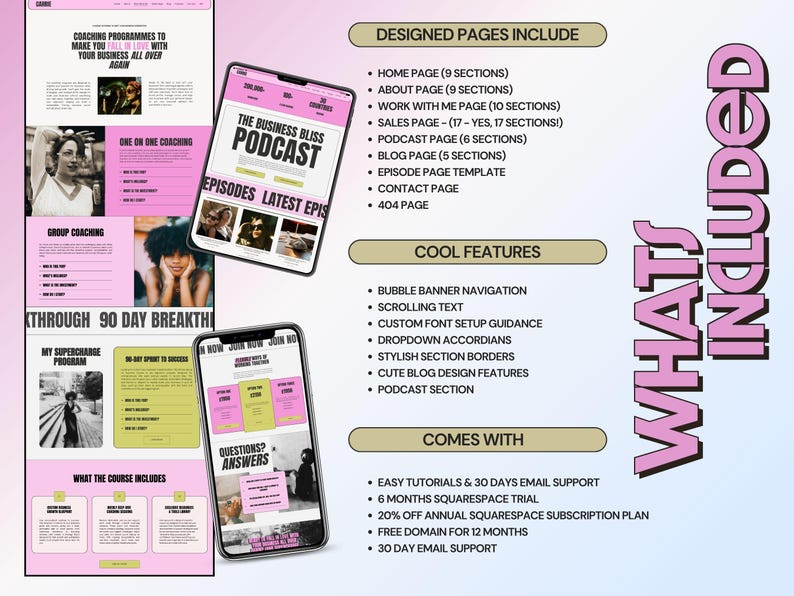 May include: A digital website design template featuring a pink and yellow colour scheme. The layout includes mobile previews, a list of included pages like home, about, and podcast, plus features such as bubble navigation and custom font guidance.