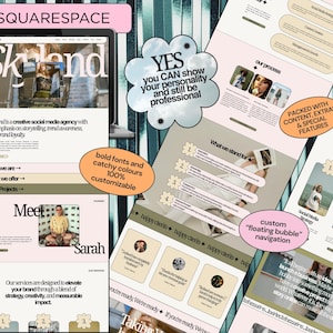 May include: A website mockup for a social media agency called Skyland. The website features a bold, colorful design with a focus on storytelling, brand awareness, and brand loyalty. The website also includes a call to action to "Meet Sarah", the agency's founder.