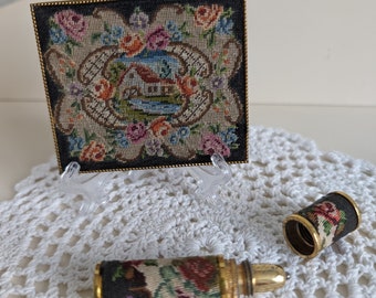 Vintage Schildkraunt handmade Petitpoint compact and perfume tube unmarked.