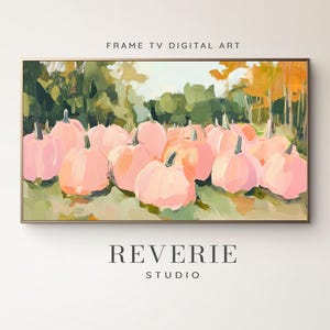 Puede incluir: Pintura abstracta de un campo de calabazas rosas frente a un bosque verde y marrón. La pintura se titula "Reverie Studio".