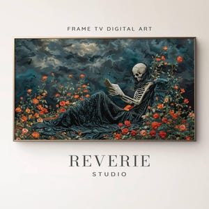 Puede incluir: Impresión artística digital enmarcada que representa un esqueleto leyendo en medio de rosas naranjas bajo un cielo oscuro y nublado. La obra de arte incluye el texto "FRAME TV DIGITAL ART" y "REVERIE STUDIO".