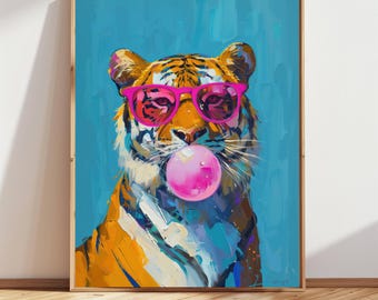 May include: A painting of a tiger wearing pink sunglasses and blowing a pink bubble. The tiger is painted in a colorful, abstract style against a blue background.