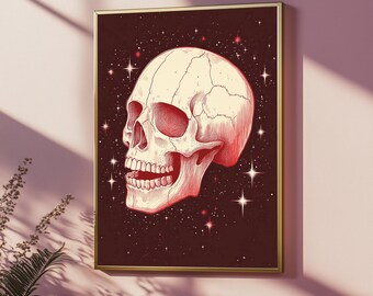 Puede incluir: Una impresión enmarcada que presenta una ilustración detallada de un cráneo humano con una paleta de colores rojos y crema. El cráneo está sobre un fondo rojo oscuro con estrellas blancas, creando un tema celestial. El marco es dorado.