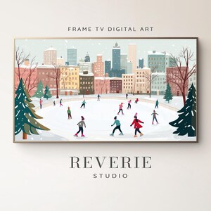 May include: A digital art print of a winter scene with a city skyline in the background and people ice skating on a frozen pond in the foreground. The print is in a light blue, pink, and green color palette.