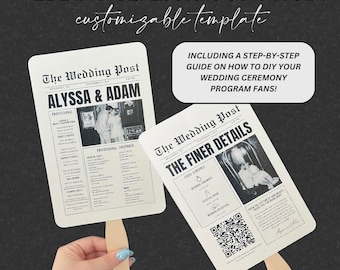 May include: Two wedding ceremony program fans with newspaper-style design. The fans feature the text "The Wedding Post" and include event details, photos, and the names "Alyssa & Adam". The image also includes the text "customizable template".