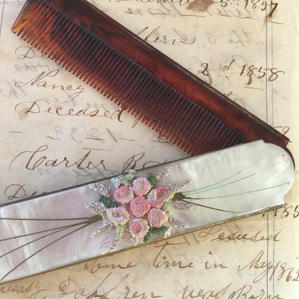 Pearlized Lucite with Embroidered Applique Floral Folding Comb Case 1950's Comb Case + Vanity Comb + Tortoise Comb
