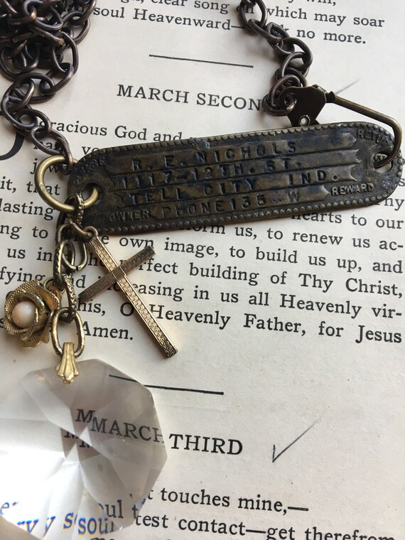 Vintage Assemblage Charm Necklace ID tag Tell City Indiana OOAK Recycled Jewelry