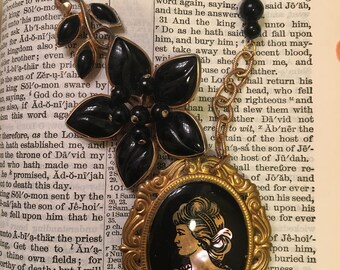 Vintage Cameo Brooch Assemblage Necklace Black Cameo Black Flower repurposed Necklace Beaded Handmade Jewelry UPcycled