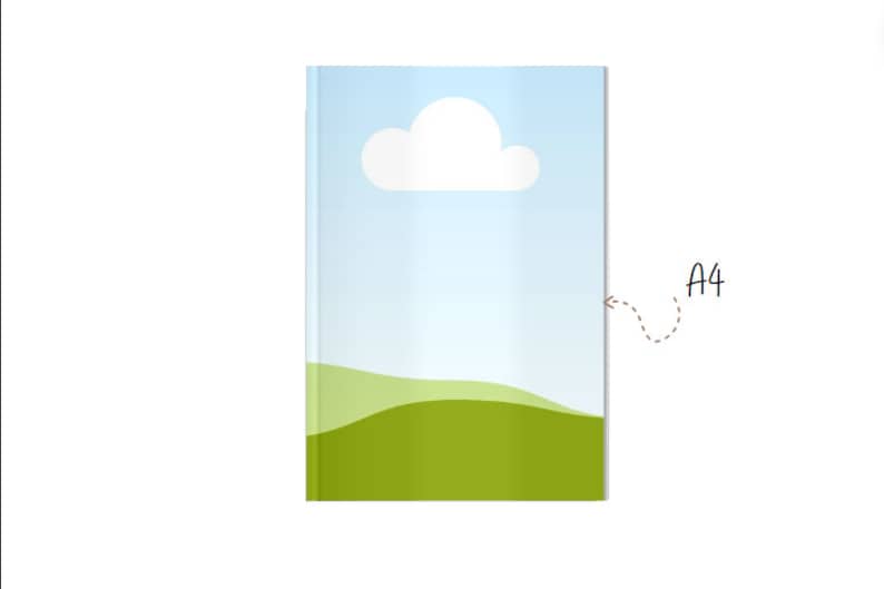 May include: A4 size book cover with a blue sky and white cloud design. The bottom of the cover features a green grassy hill.
