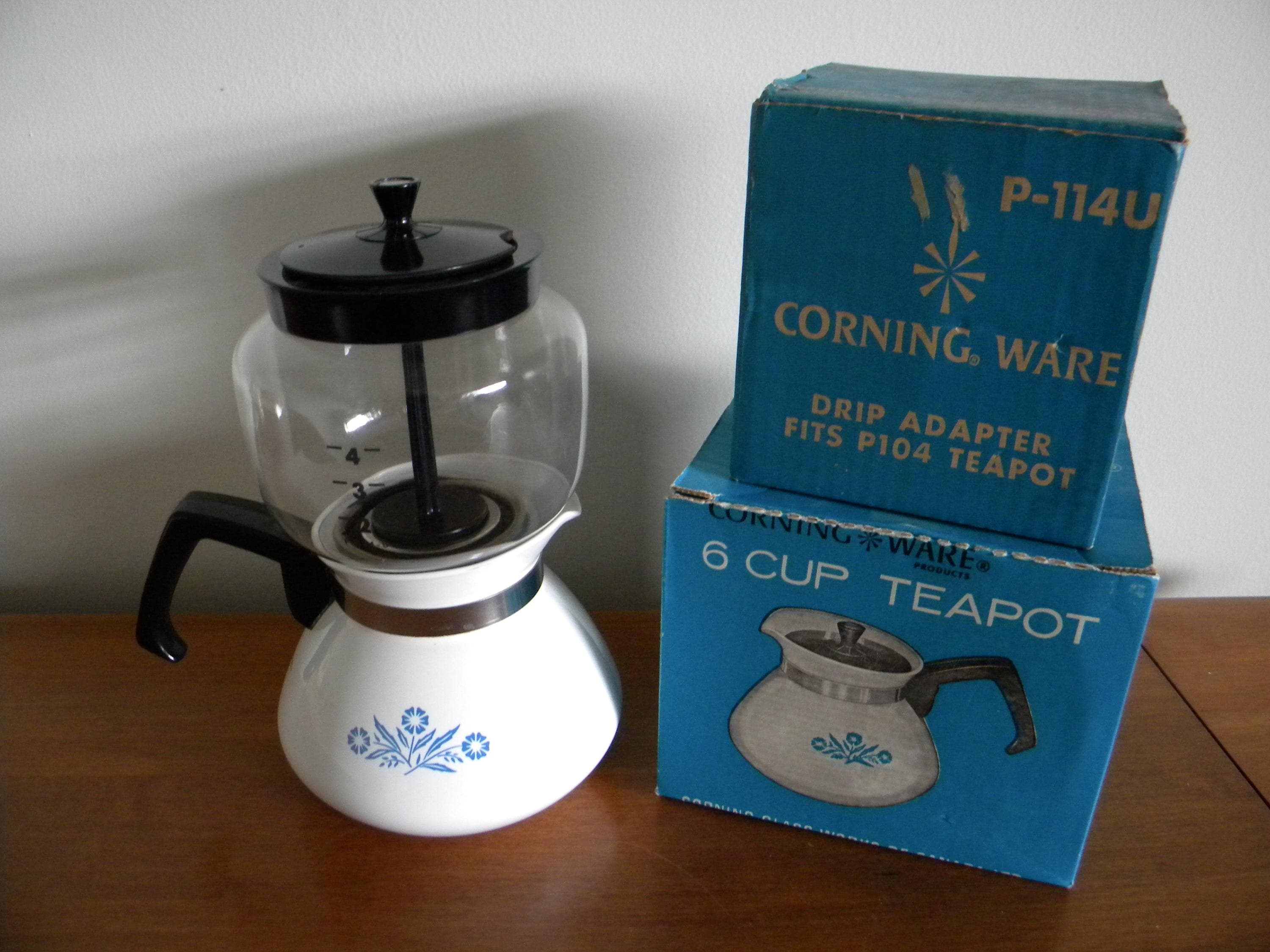 Vintage Corning Ware Drip Coffee Maker, Blue Cornflower 6 Cup Tea