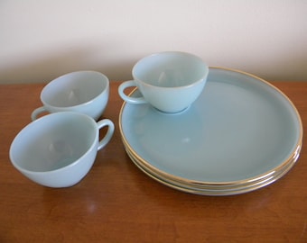 Vintage Fire King Anchor Hocking "Hostess Delight" Snack Set Blue Turquoise 22k Gold Trim Set of 3