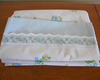 Vintage Double Flat Sheet Lady Pepperell lace trim New without package , Fabric,  white with blue flowers
