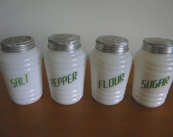 Vintage Hazel Atlas Beehive Salt, Pepper, Sugar, Flour Green Writing Round Range Shakers