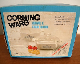 Vintage Corning Ware Blue Cornflower Cookware Set, New in Box A200