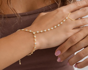 14K Gold Plated Hand Chain Bracelet with Zircon Ring: Boho Wedding Jewelry