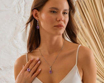 Handmade Amethyst Natural Stoned 925 Sterling Silver Necklace,Ring and Earrings Elegant Custom Jewelry Set Unique Wedding Gift