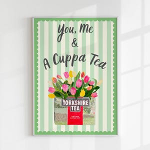 yorkshire tea Tulips Green Striped Kitchen Art Print A5 A4 A3 Unframed Colourful Poster Cottage Trend Cute Gallery Wall Dopamine Quirky UK