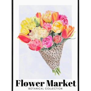 May include: A framed print featuring a watercolor bouquet of tulips in shades of yellow, pink, and orange, wrapped in a brown paper cone with black polka dots. The text "FLOWER MARKET BOTANICAL COLLECTION" is displayed below the bouquet.