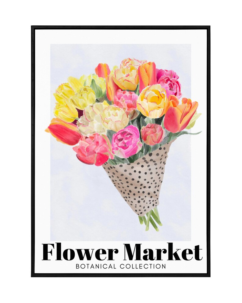 May include: A framed print featuring a watercolor bouquet of tulips in shades of yellow, pink, and orange, wrapped in a brown paper cone with black polka dots. The text "FLOWER MARKET BOTANICAL COLLECTION" is displayed below the bouquet.