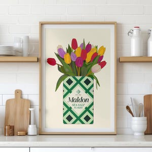Maldon Salt with Tulips Kitchen Art Print/Poster, Unframed A5 A4 A3, Cooking Cottage Chef Theme, Colourful Gift Floral Flower Cooking recipe