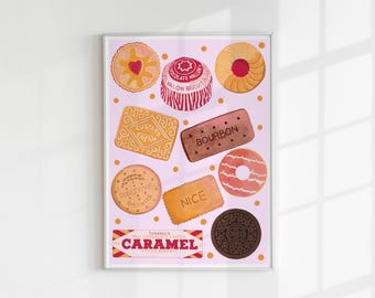 May include: A framed art print on a light pink background featuring illustrations of various biscuits, including a Tunnock's Caramel Wafer, a Custard Cream, a Bourbon, a Digestive, a Nice biscuit, and an Oreo biscuit.