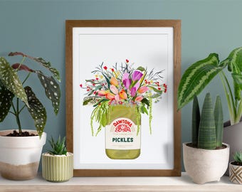 Pickles Jar with Wildflowers Kitchen Art Print | Matte Finish Poster (Unframed) | Hand drawn