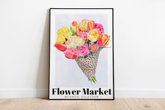 Tulip Bouquet Art Print: Colourful Flower Market Poster, Watercolour Cottage Decor