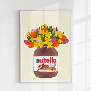 May include: A painting of a glass jar of Nutella with a bouquet of yellow, orange, and purple flowers in it. The jar has the Nutella logo on it.