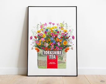 Yorkshire Tea and Wild Flowers Kitchen Wall Art/Poster/Print, Unframed on a white background. Hand drawn in a cute vintage botanical style