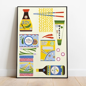 Japanese food ingredients Kitchen Art Print/Poster, Colourful Soy Sauce, Sushi Rice, Ponzu Noodles, Chop Sticks, Unique Modern Illustration
