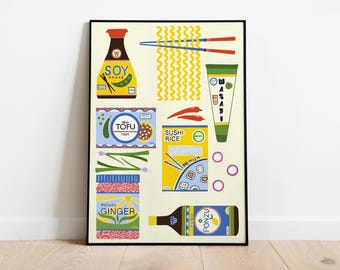 Japanese Food Art Print: Colorful Kitchen Illustration