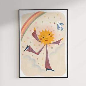 Póster con impresión artística retro de bailarina del sol para dormitorio infantil, sin marco, tamaño A5, A4, A3, arcoíris, pájaro, flor, rayas, amarillo, rosa, estilo vintage