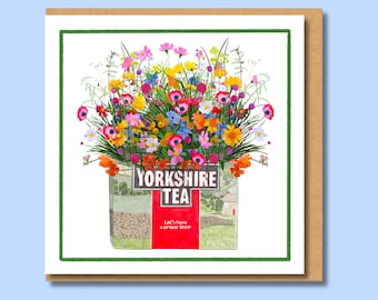 Yorkshire Tea and Colourful Wildflowers Greetings Card| Square, matte, approx 5.5 x 5.5", blank inside | birthdays, thank you or Valentines