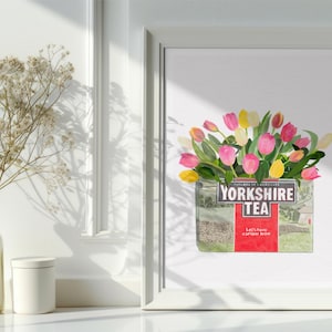 Yorkshire Tea Floral Art Print, Colourful, Vintage, Quirky, Dopamine Decor, Kitchen Poster, Painting, Pretty, Tulips, Fun Cottagecore Retro