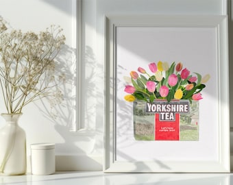 Yorkshire Tea Floral Art Print, Colourful, Vintage, Quirky, Dopamine Decor, Kitchen Poster, Painting, Pretty, Tulips, Fun Cottagecore Retro