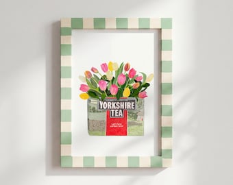 Yorkshire Tea Floral Art Print, Colourful, Vintage, Quirky, Dopamine Decor, Kitchen Poster, Painting, Pretty, Tulips, Fun Cottagecore Retro