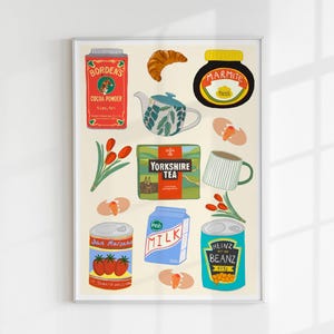 May include: A colourful illustration of a British breakfast with a variety of food items, including a croissant, a teapot, a cup of tea, a can of beans, a can of milk, a can of tomatoes, a can of cocoa powder, a jar of Marmite, and eggs. The illustration is on a cream background.