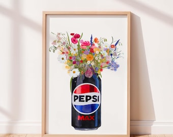 May include: A framed art print featuring a black Pepsi Max soda can used as a vase, overflowing with a vibrant arrangement of colourful wildflowers including daisies, poppies, and lavender in shades of red, yellow, white, and blue.