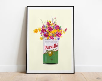 Perello Spanish Olives & Wildflower Art Print: Retro Kitchen Poster